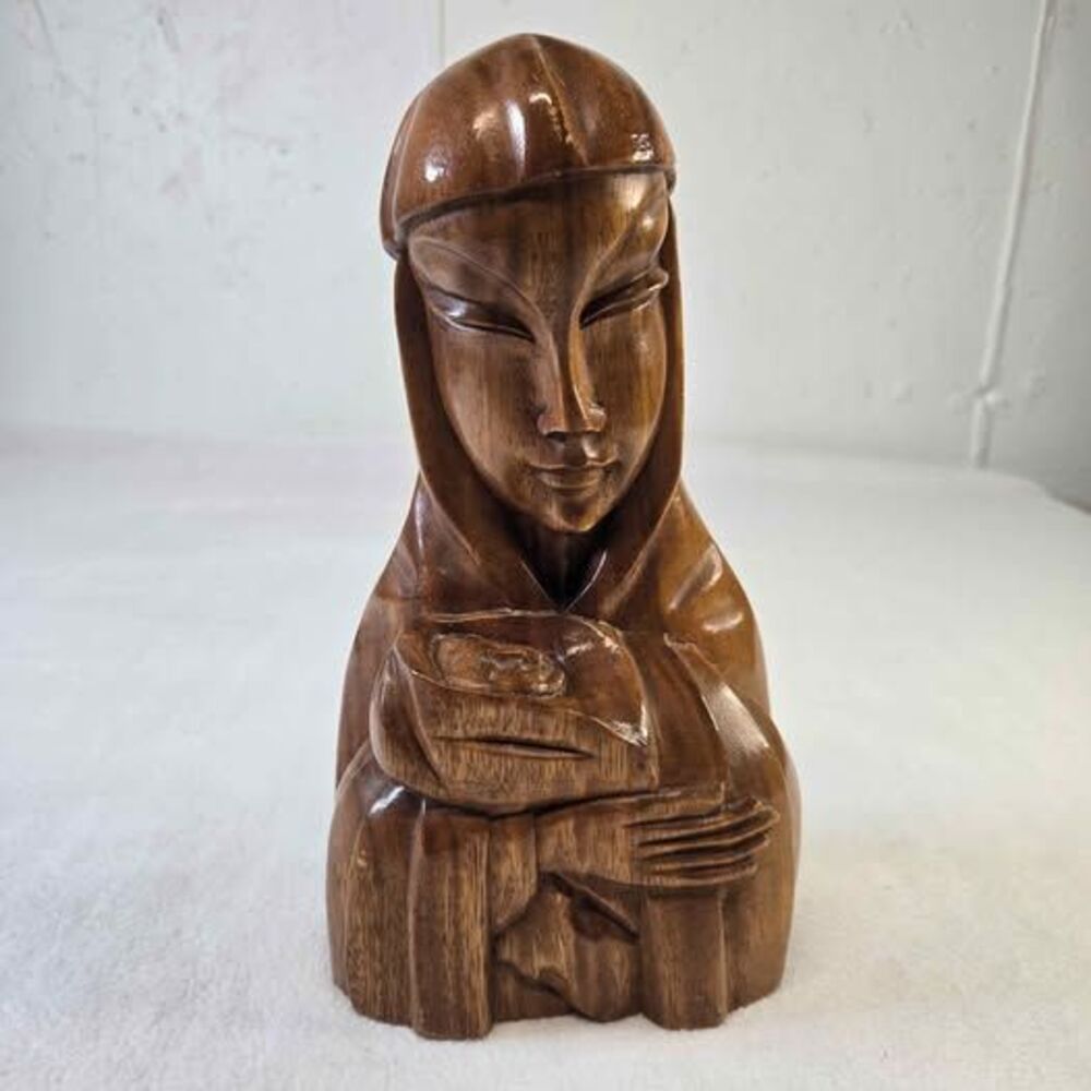 MCM LARGE HAND CARVED SOLID WOOD MADONNA & CHILD BUST SCULPTURE 11" 3+ LBS
